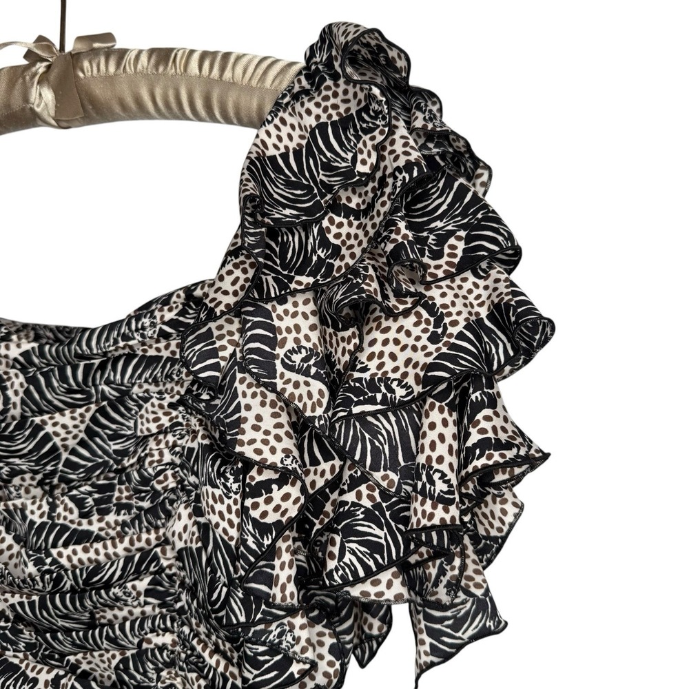 ZARA Blouse Small Tiger Animal‎ Print Ruffle Square Neck Ruched Statement RARE - Picture 2 of 8